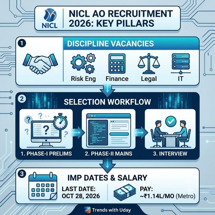 NICL AO Recruitment 2026 Vertical Infographic: Discipline Vacancies, Selection Workflow (Prelims, Mains, Interview), Important Dates, and Metro Salary.
